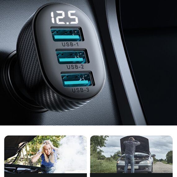 Joyroom JR-CCD03 3.4A car charger with 3x USB-A display - black | Techbox
