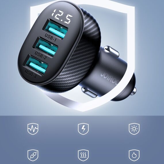Joyroom JR-CCD03 3.4A car charger with 3x USB-A display - black | Techbox