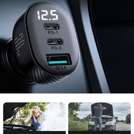 Joyroom JR-CCD04 30W 2x USB-C USB-A car charger with display - black | Techbox