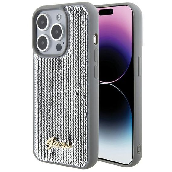 Guess Sequin Script Metal case for iPhone 15 Pro Max - silver | Techbox