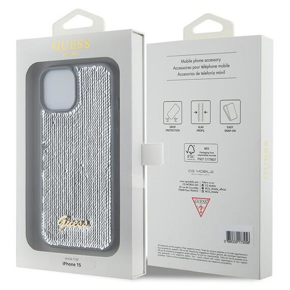 Guess Sequin Script Metal case for iPhone 15 - silver | Techbox
