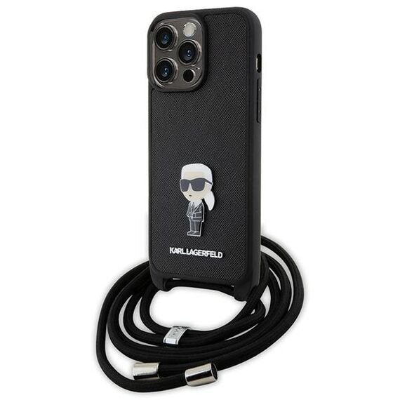 Karl Lagerfeld Crossbody Saffiano Monogram Metal Pin Karl &amp; Choupette Case for iPhone 15 Pro Max - Black | Techbox