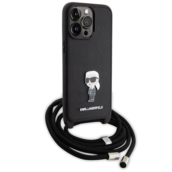 Karl Lagerfeld Crossbody Saffiano Monogram Metal Pin Karl &amp; Choupette Case for iPhone 15 Pro Max - Black | Techbox