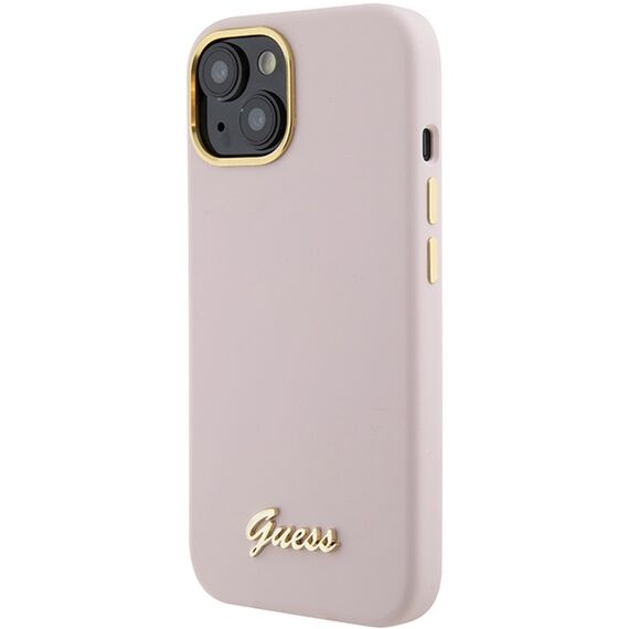 Guess Silicone Script Metal Logo &amp; Frame case for iPhone 15 - pink | Techbox