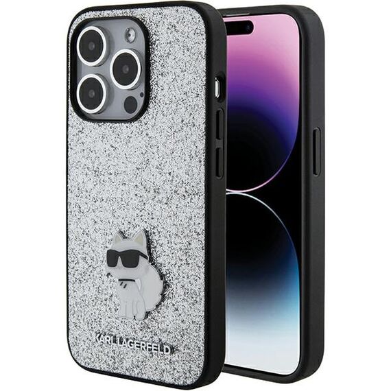 Karl Lagerfeld Fixed Glitter Choupette Logo Metal Pin Case for iPhone 15 Pro Max - Silver - Apple Cases - Cases - Techbox