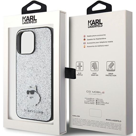 Karl Lagerfeld Fixed Glitter Choupette Logo Metal Pin Case for iPhone 15 Pro Max - Silver - Apple Cases - Cases - Techbox