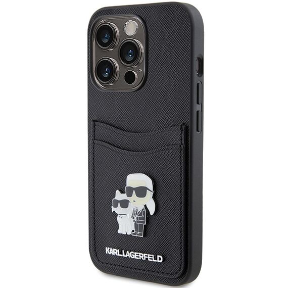 Karl Lagerfeld Saffiano Cardslot Karl&amp;Choupette Metal Pin case for iPhone 15 Pro - black | Techbox