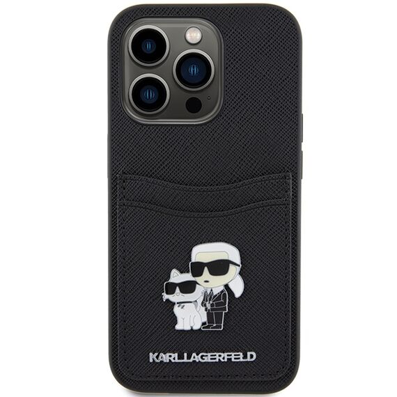 Karl Lagerfeld Saffiano Cardslot Karl&amp;Choupette Metal Pin case for iPhone 15 Pro - black | Techbox