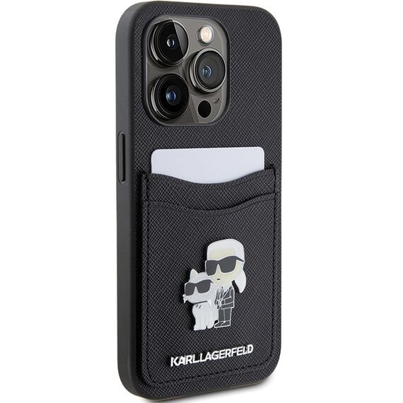 Karl Lagerfeld Saffiano Cardslot Karl&amp;Choupette Metal Pin case for iPhone 15 Pro - black | Techbox