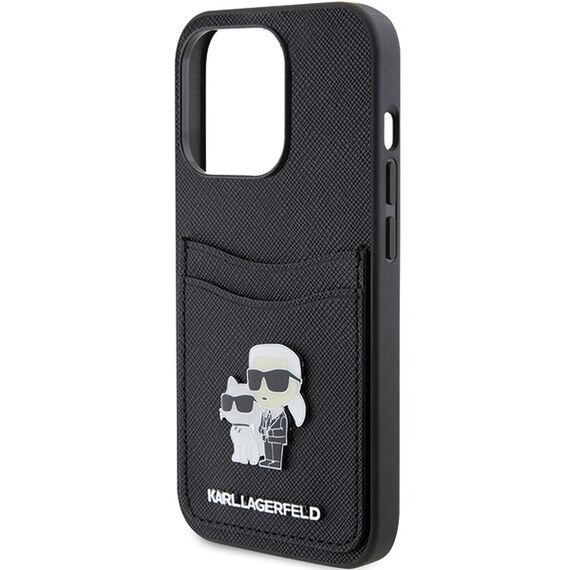 Karl Lagerfeld Saffiano Cardslot Karl&amp;Choupette Metal Pin case for iPhone 15 Pro - black | Techbox