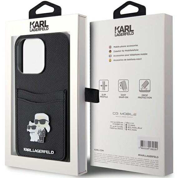 Karl Lagerfeld Saffiano Cardslot Karl&amp;Choupette Metal Pin case for iPhone 15 Pro - black | Techbox