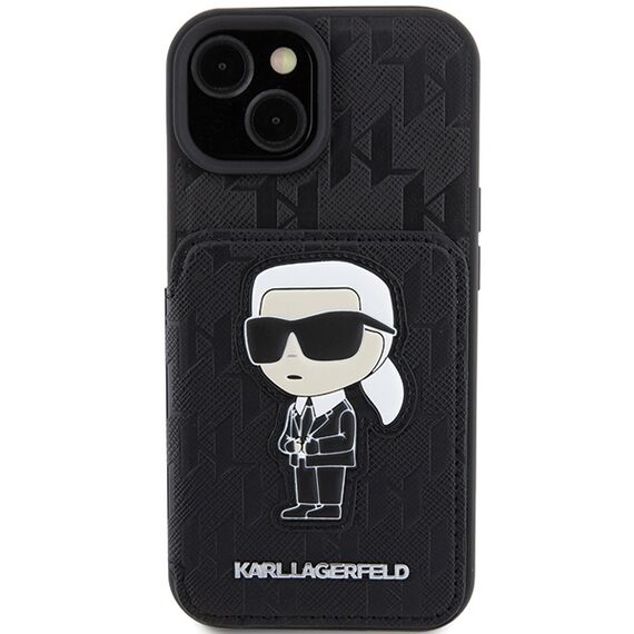 Karl Lagerfeld Saffiano Cardslots and Stand Monogram Ikonik Patch case for iPhone 15 - black | Techbox