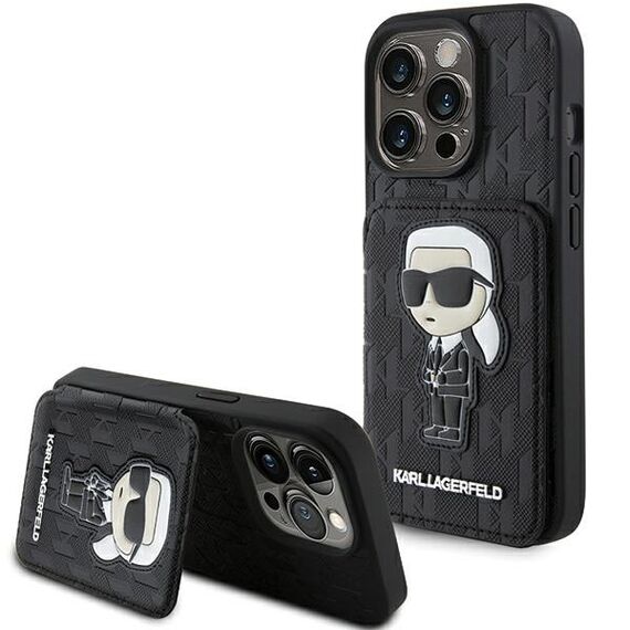 Karl Lagerfeld Saffiano Cardslots and Stand Monogram Ikonik Patch case for iPhone 15 Pro - black | Techbox