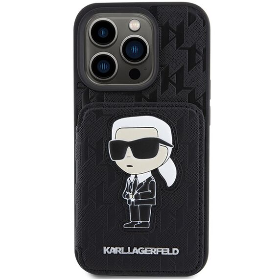 Karl Lagerfeld Saffiano Cardslots and Stand Monogram Ikonik Patch case for iPhone 15 Pro - black | Techbox