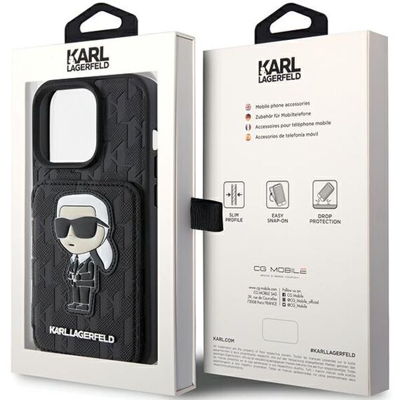 Karl Lagerfeld Saffiano Cardslots and Stand Monogram Ikonik Patch case for iPhone 15 Pro - black | Techbox