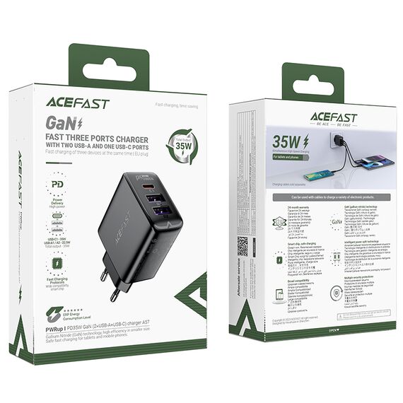 Acefast A57 PD 35W GaN charger 2 x USB-A + USB-C with 3 ports - black - Travel Chargers - Smartphone Chargers - Techbox