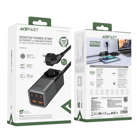 Acefast Z2 GaN 75W PD desktop charger 3x USB-C 2x USB-A - black and gray - Travel Chargers - Smartphone Chargers - Techbox