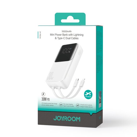 Mini power bank with built-in cables Joyroom JR-PBC06 30W 10000mAh - white | Techbox