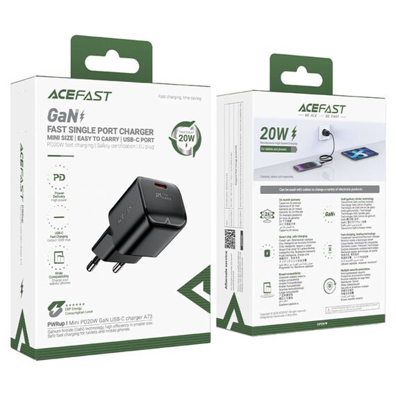 Acefast A73 Mini PD 20W GaN USB-C wall charger - black - Travel Chargers - Smartphone Chargers - Techbox