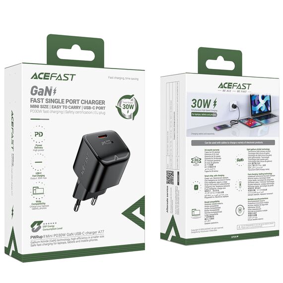 Acefast A77 Mini PD 30W GaN USB-C wall charger - black - Travel Chargers - Smartphone Chargers - Techbox