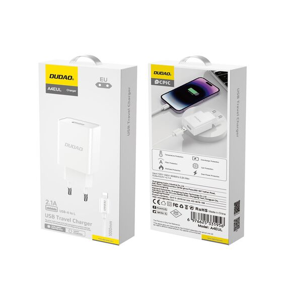 Dudao A4EU USB-A 2.1A wall charger - white + USB-A - Lightning cable | Techbox