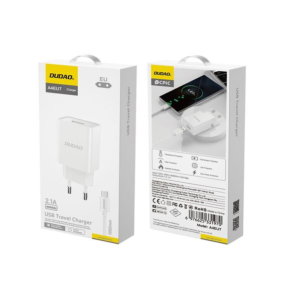 Dudao A4EU USB-A 2.1A wall charger - white + USB-A - USB-C cable | Techbox