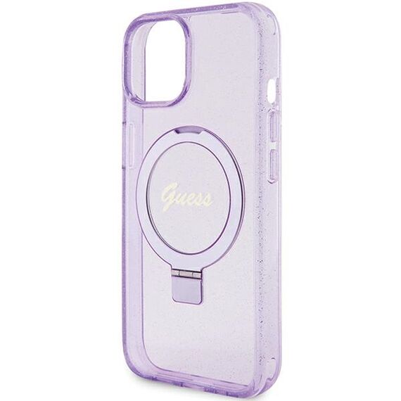 Guess Ring Stand Script Glitter MagSafe case for iPhone 15 Plus / 14 Plus - purple - Apple Cases - Cases - Techbox