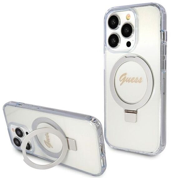 Guess Ring Stand Script Glitter MagSafe case for iPhone 15 Pro - transparent | Techbox