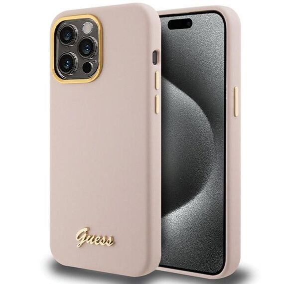 Guess Silicone Script Metal Logo & Frame case for iPhone 15 Pro - pink | Techbox