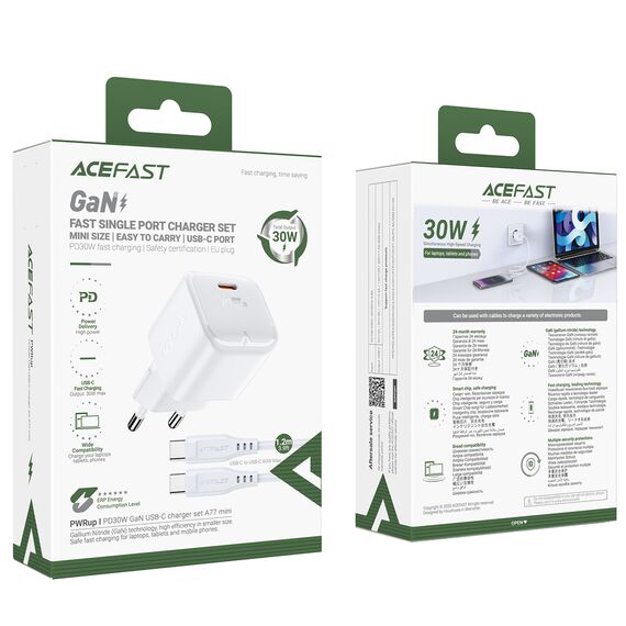 Acefast A77 Mini PD 30W GaN wall charger + USB-C cable - white - Travel Chargers - Smartphone Chargers - Techbox