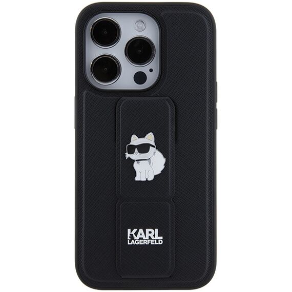 Karl Lagerfeld Gripstand Saffiano Choupette Pins case for iPhone 15 Pro - black | Techbox