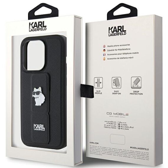 Karl Lagerfeld Gripstand Saffiano Choupette Pins case for iPhone 15 Pro Max - black - Apple Cases - Cases - Techbox