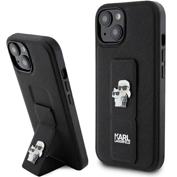 Karl Lagerfeld Gripstand Saffiano Karl&amp;Choupette Pins case for iPhone 15 - black - Apple Cases - Cases - Techbox