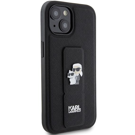 Karl Lagerfeld Gripstand Saffiano Karl&amp;Choupette Pins case for iPhone 15 - black - Apple Cases - Cases - Techbox