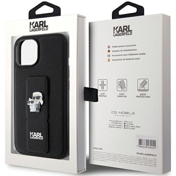 Karl Lagerfeld Gripstand Saffiano Karl&amp;Choupette Pins case for iPhone 15 - black - Apple Cases - Cases - Techbox