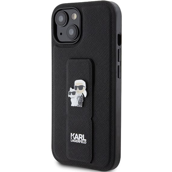 Karl Lagerfeld Gripstand Saffiano Karl&amp;Choupette Pins case for iPhone 15 Plus / 14 Plus - black - Apple Cases - Cases - Techbox
