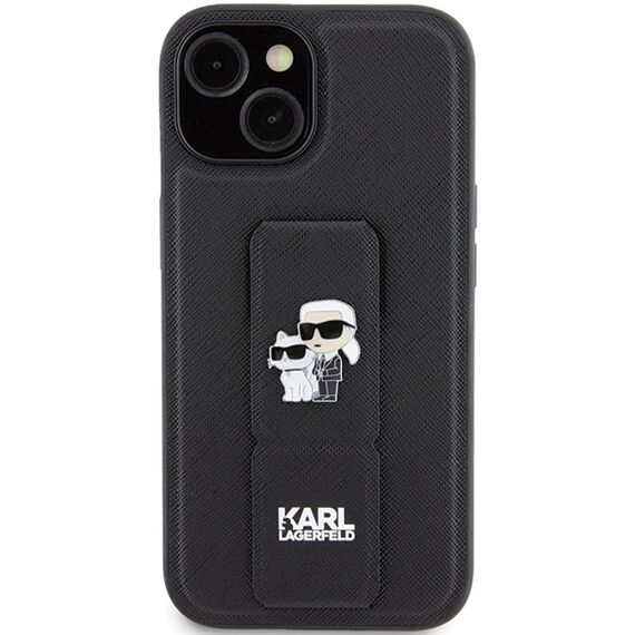 Karl Lagerfeld Gripstand Saffiano Karl&amp;Choupette Pins case for iPhone 15 Plus / 14 Plus - black - Apple Cases - Cases - Techbox
