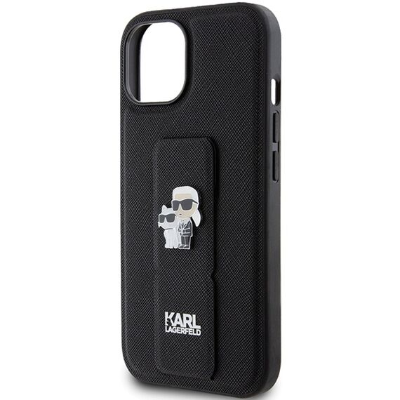 Karl Lagerfeld Gripstand Saffiano Karl&amp;Choupette Pins case for iPhone 15 Plus / 14 Plus - black - Apple Cases - Cases - Techbox