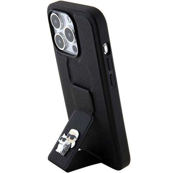 Karl Lagerfeld Gripstand Saffiano Karl&amp;Choupette Pins case for iPhone 15 Pro - black - Apple Cases - Cases - Techbox
