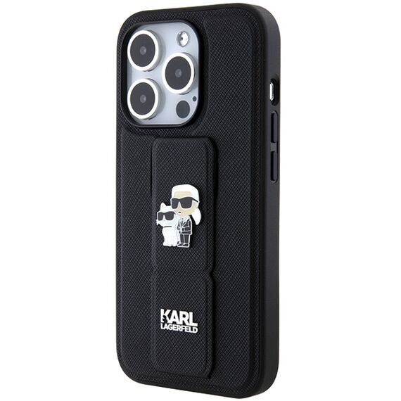 Karl Lagerfeld Gripstand Saffiano Karl&amp;Choupette Pins case for iPhone 15 Pro - black - Apple Cases - Cases - Techbox