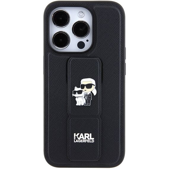 Karl Lagerfeld Gripstand Saffiano Karl&amp;Choupette Pins case for iPhone 15 Pro - black - Apple Cases - Cases - Techbox