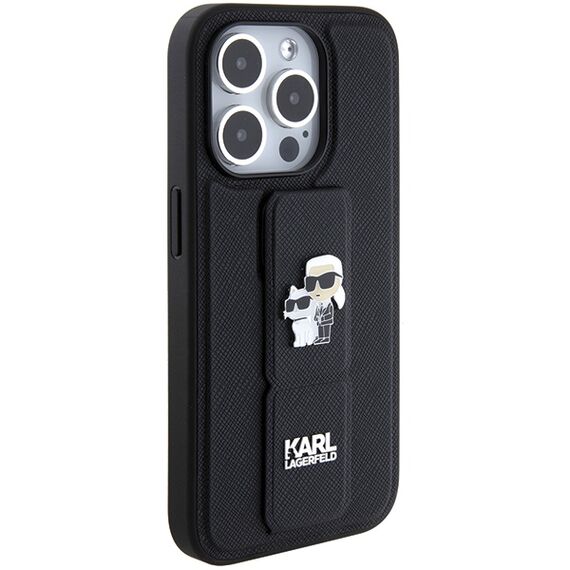 Karl Lagerfeld Gripstand Saffiano Karl&amp;Choupette Pins case for iPhone 15 Pro - black - Apple Cases - Cases - Techbox