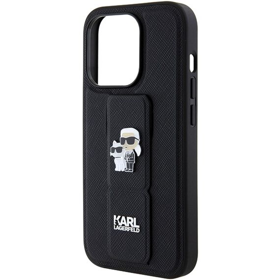 Karl Lagerfeld Gripstand Saffiano Karl&amp;Choupette Pins case for iPhone 15 Pro - black - Apple Cases - Cases - Techbox