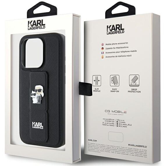 Karl Lagerfeld Gripstand Saffiano Karl&amp;Choupette Pins case for iPhone 15 Pro - black - Apple Cases - Cases - Techbox