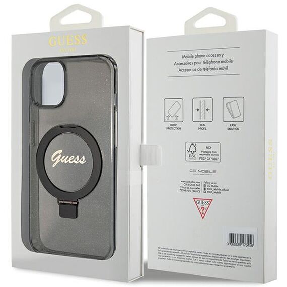 Guess Ring Stand Script Glitter MagSafe case for iPhone 13 / 14 / 15 - black - Apple Cases - Cases - Techbox