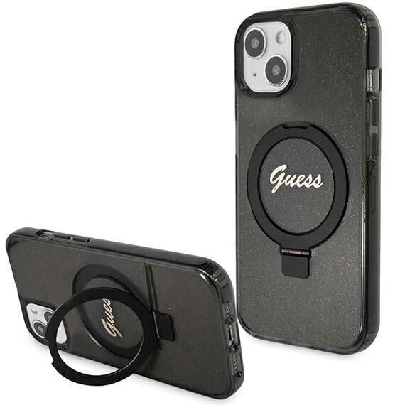 Guess Ring Stand Script Glitter MagSafe case for iPhone 14 / 15 / 13 - black - Apple Cases - Cases - Techbox