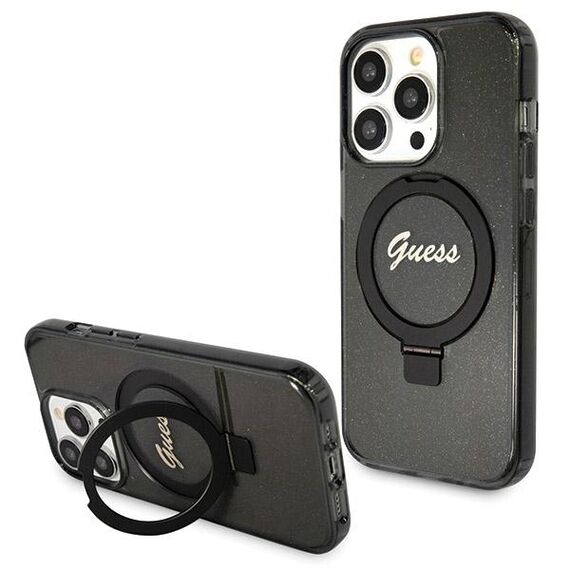 Guess Ring Stand Script Glitter MagSafe case for iPhone 14 Pro - black - Apple Cases - Cases - Techbox