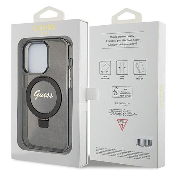 Guess Ring Stand Script Glitter MagSafe case for iPhone 14 Pro Max - black | Techbox