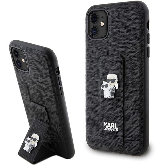 Karl Lagerfeld Gripstand Saffiano Karl&amp;Choupette Pins case for iPhone 11 / Xr - black - Uncategorized Cases (2) - Cases - Techbox