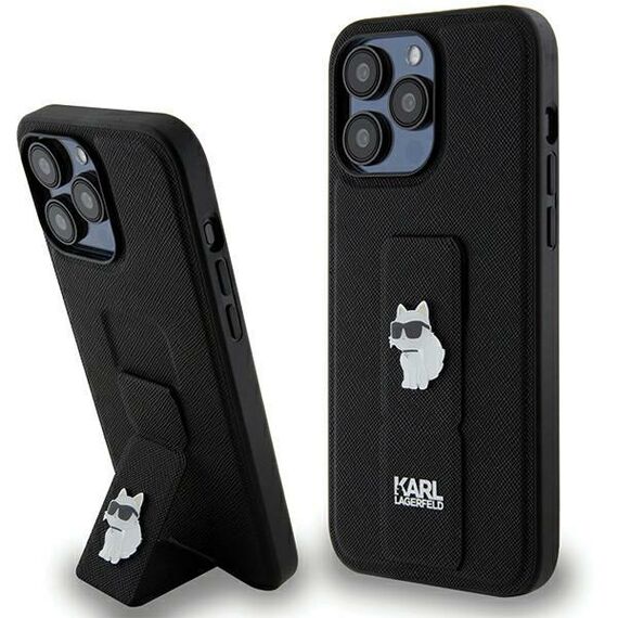 Karl Lagerfeld Gripstand Saffiano Choupette Pins case for iPhone 13 Pro Max - black | Techbox